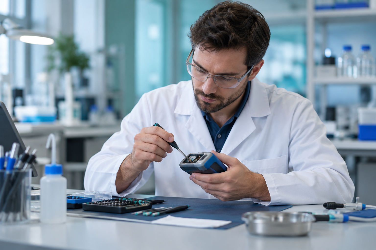 Technical service engineer inspecting a measurement instrument